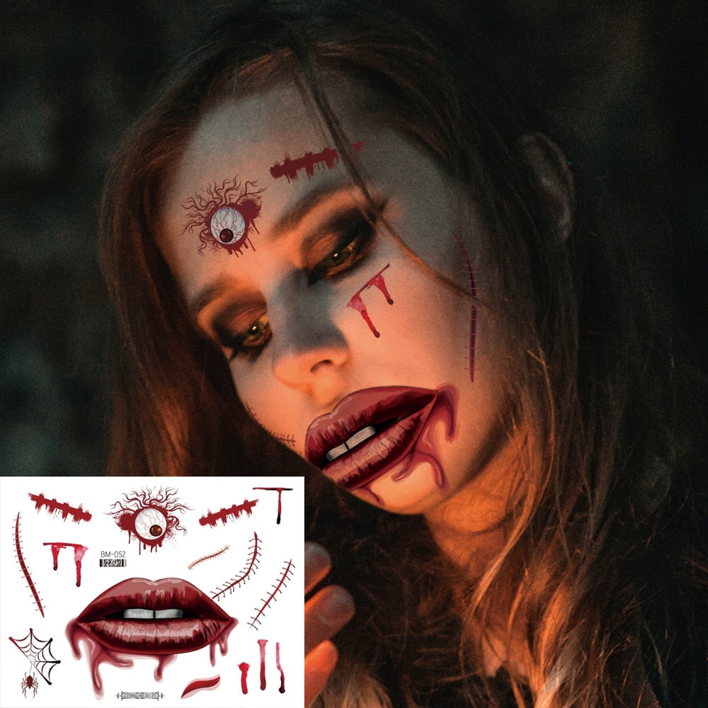 Halloween Face Makeup for Women Men Big Mouth Temporary Tattoo Stickers Disposable Funny Fake Tattoo Waterproof for Saints' Day