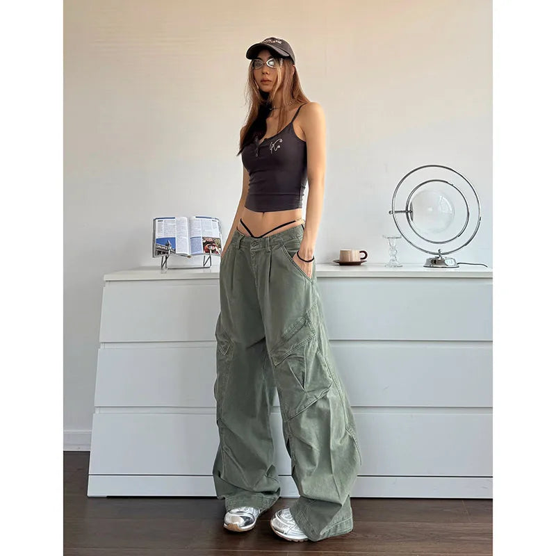 OKLULU  -  2024 NEW Green Jeans for Women High Quality High Waist American Wide Leg Pants Solid Y2K Vintage Straight Summer Trousers