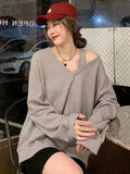 Oversized T-Shirts Women Off Shoulder Sexy Top Female Korean Style V Neck Long Sleeve T Shirt Lady Autumn Casual Tees Streetwear