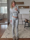 Oklulu Leisure Fold Over Pants Suit Women Crew Long Sleeve Slim Crop Top Flare Pants Sports Causal Set Hottie Autumn Street wear