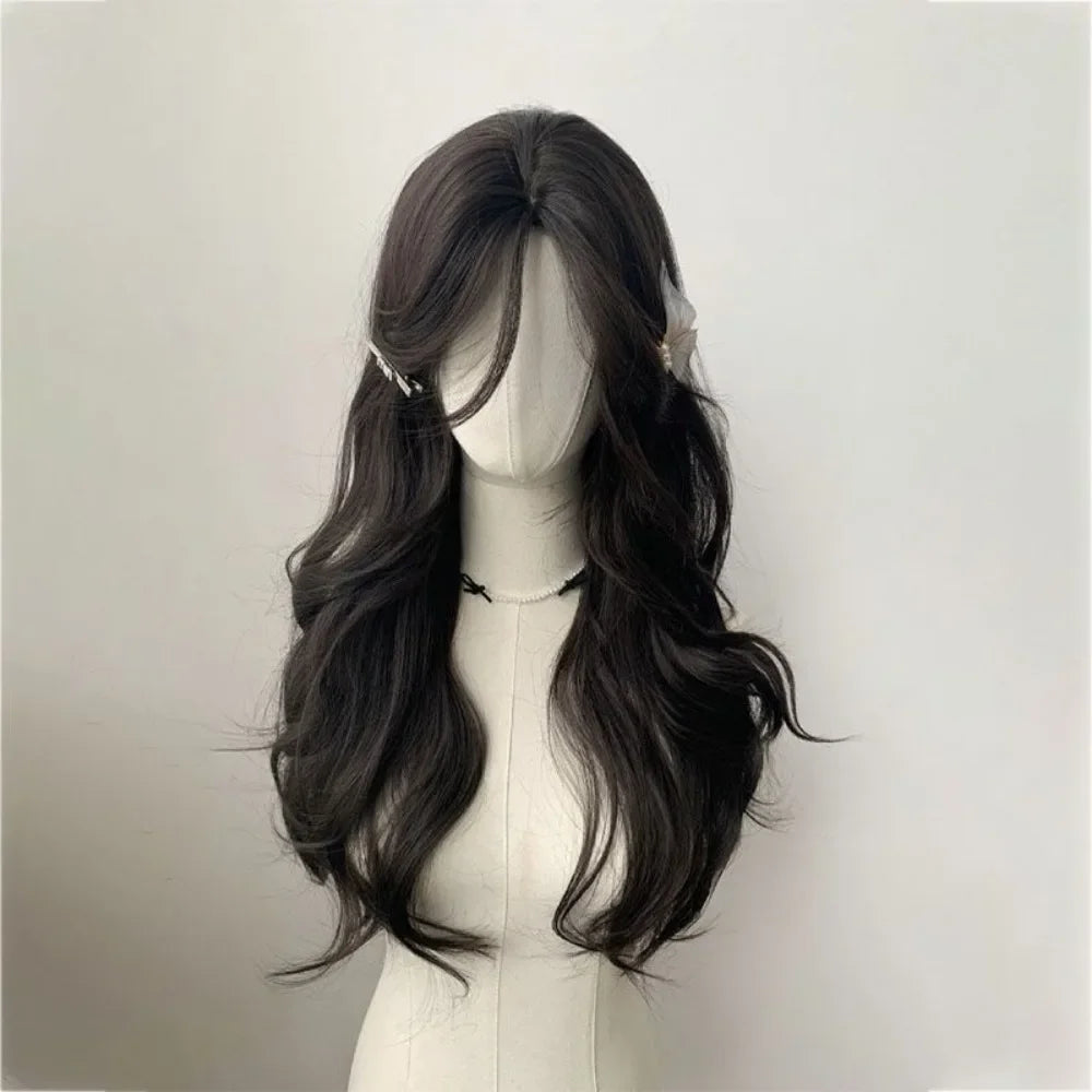 OKLULU  -  Black Wig for Women Natural Center Parting Eight Bangs Long Curly Hair Natural Hair Cosplay Wig for Daily Use  Lolita  가발