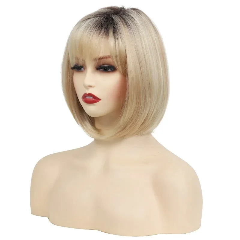 OKLULU  -  Hair Extensions Synthetic Fashion Women Wigs Short Straight Bob Hairstyle Blonde HighLights Hair Wig Heat Resistant Fiber