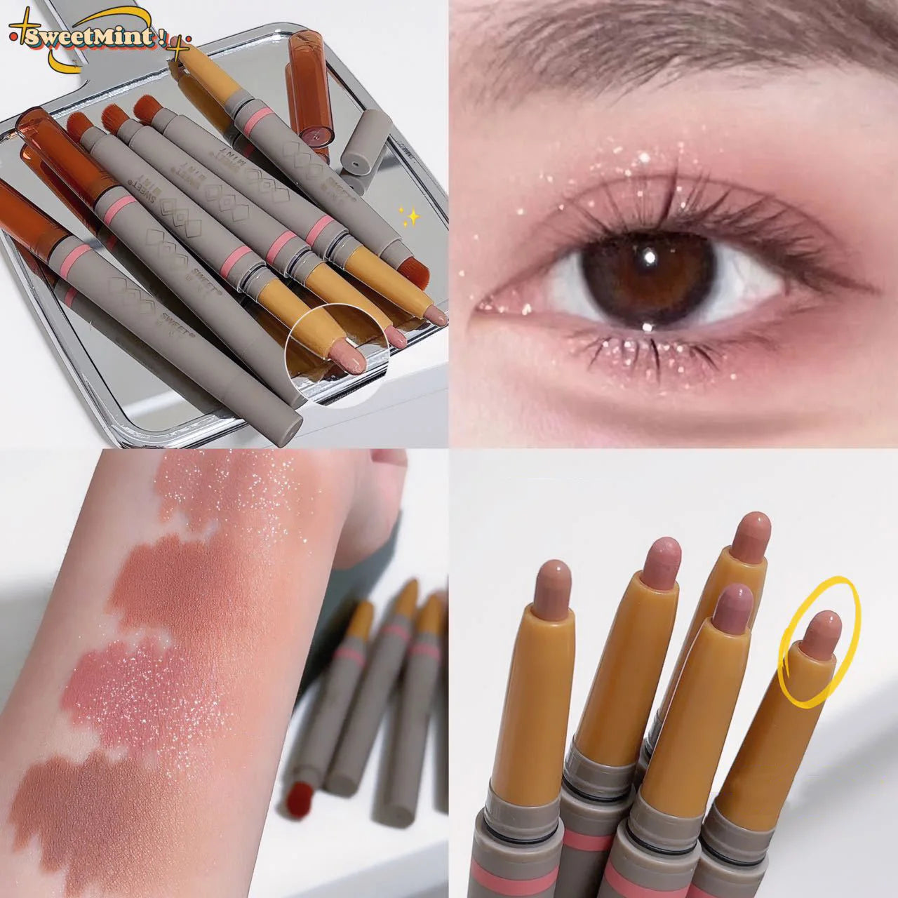 OKLULU  -  Double Ended Silky Matte Eye Shadow Stick Rose Brown Glitter Nude Eyeshadow Pen With Eye Shadow Halo Dye Brush 2 in 1