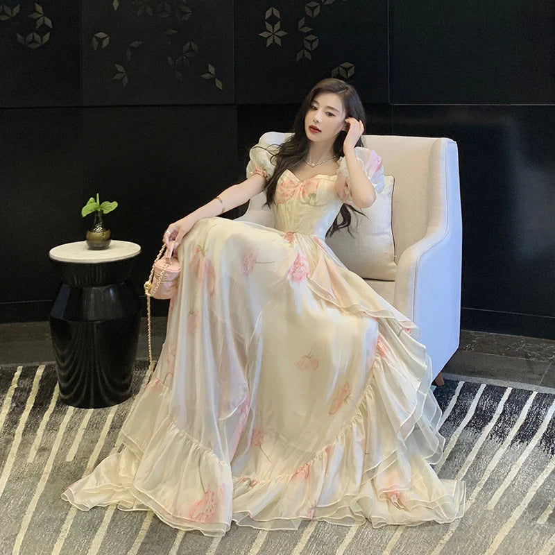 Vintage French Elegant Floral Ruffles Party Dresses Women Fashion Puff Sleeve Birthday A Line Princess Long Dress Sweet Vestidos