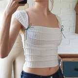 Oklulu  -  Y2K Cute Bow Lace Up Crop Top Aesthetic Texture Square-neck Sleeveless T Shirt Summer Women Streetwear Slim Tees