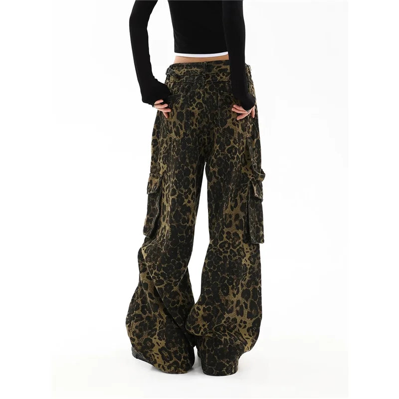 OKLULU  -  American Vintage High Waist Trashy Jeans 2024 Autumn Women Casual Baggy Leopard Print Pants Wide Leg Grunge Street Denim Trouser