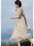 OKLULU  -  French Style Fairy Dresses for Women Print Ruffle Square Neck Elegant Dress Summer Female Puff Sleeve Flower Retro Vestidos Lady