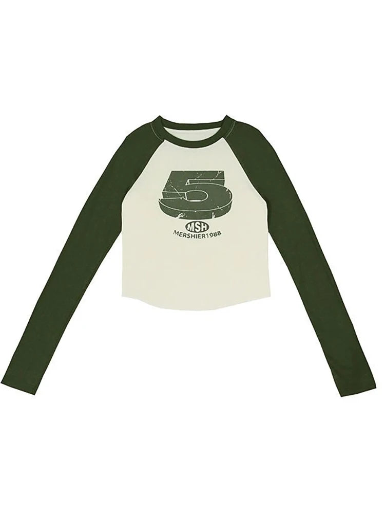 Oklulu Y2K Patchwork Tshirts Women Vintage Letter Crop Tops Female O Neck Long Sleeve Top Ladies Fashion Casual Slim Tees Spring Autumn