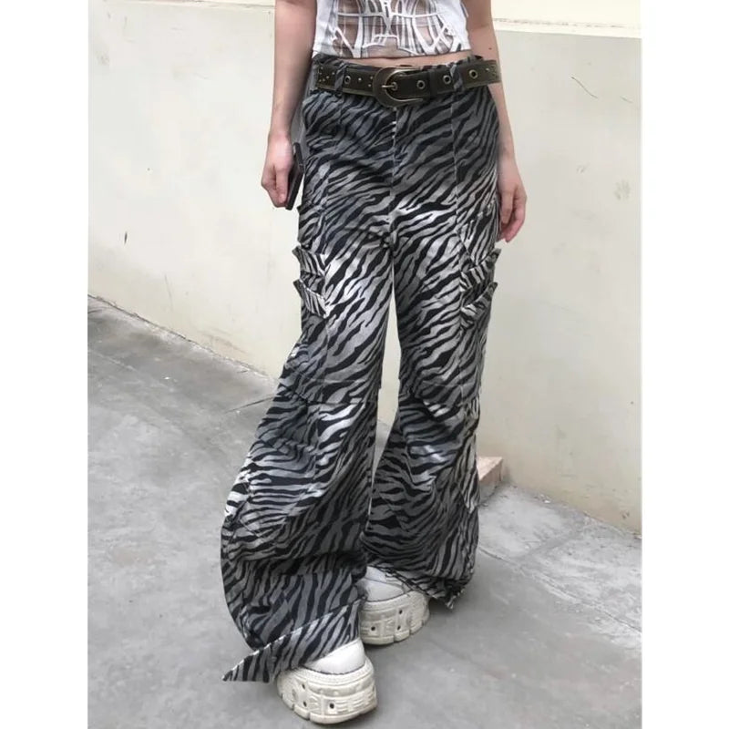 OKLULU  -  2024 Women's Casual Zebra print Gothic Jeans Vintage Aesthetic Emo Loose Washed Pants Y2K Wide Leg Punk Baggy Denim Trouser