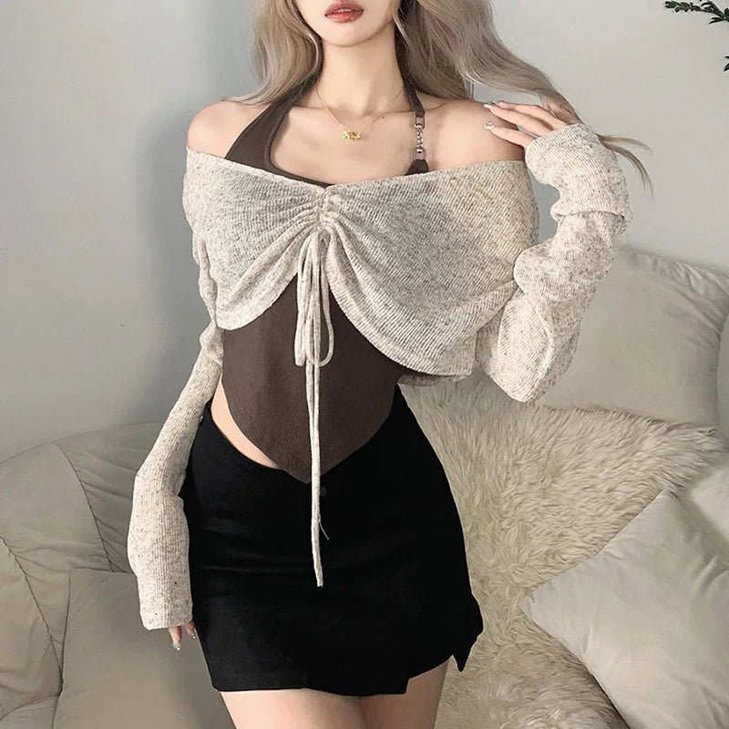 Oklulu Sexy T-shirts Women Summer Solid Halter And Transparent Lace Up Two-Piece Top Female Fashion Long Sleeve T-shirt Y2k Street wear