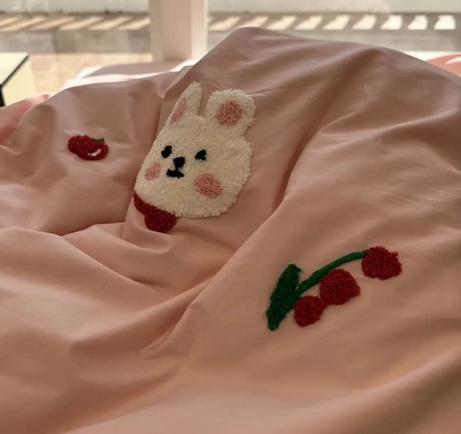 OKLULU  -  Cute Sweet Embroidery Rabbit Pink Bedding Set,twin Full Queen King Kawaii Cotton Home Textile Bed Sheet Pillow Case Quilt Cover