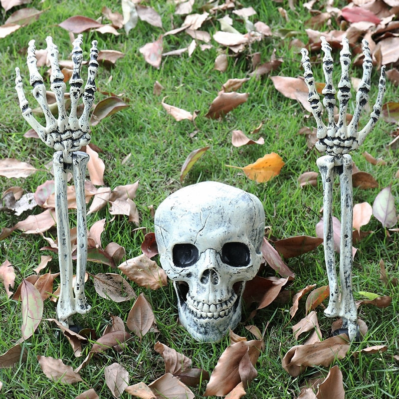 Halloween Realistic Skull Skeleton Head Human Hand Arms for Halloween Party Home Garden Lawn Decor Haunted House Horror Props