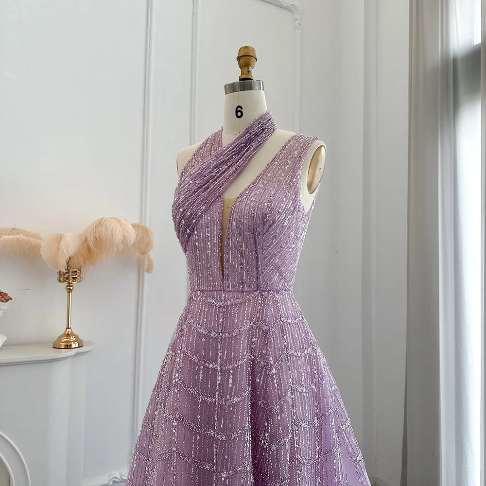 Luxury Beaded Dubai Lilac Evening Dresses for Women Wedding Party Elegant Long Arabic Prom Formal Gowns