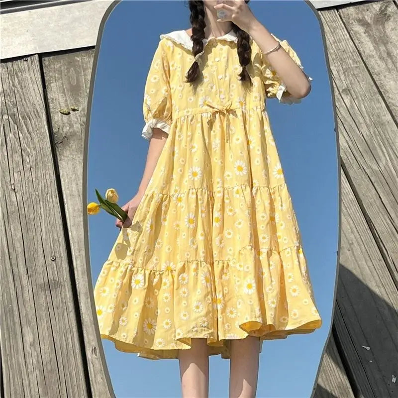 OKLULU  -  Women Yellow Floral Printed Dress 2024 Summer New Loose Fitting Casual High Waisted College Style Puff Sleeves Dresses