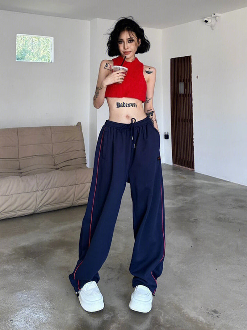 Oklulu  Vintage Baggy Jogging Striped Sweatpants Women Y2k Harajuku High Street Sport Pants Elastic Waist Straight Casual Trousers