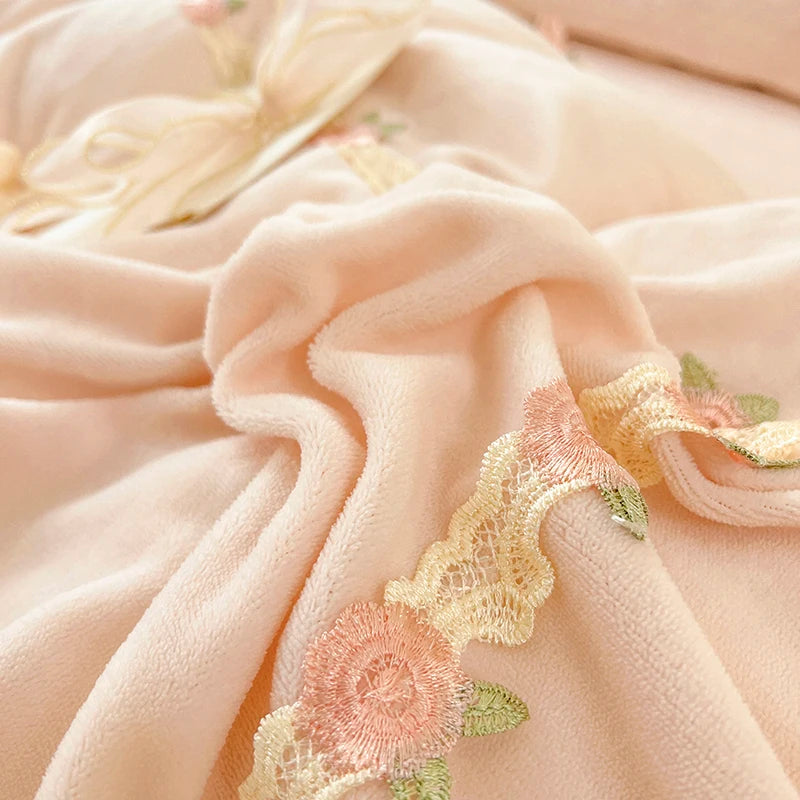 Pink Super Soft Velvet Fleece Luxury Princess Bedding Set Flowers Embroidery Lace Ruffles Duvet Cover Set Bed Sheet Pillowcase