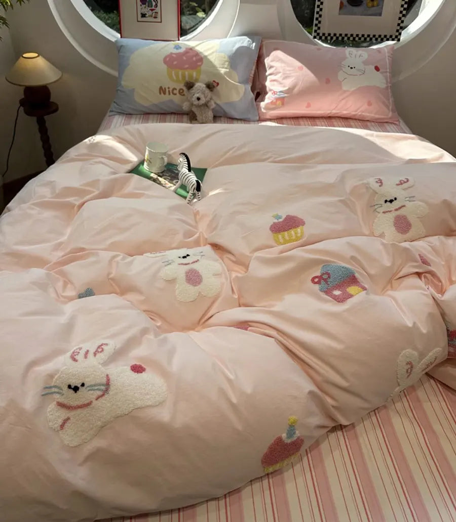 OKLULU  -  Cute Cartoon Embroidery Rabbit Cake Stripe Bedding Set Kid,twin Full Queen Cotton Home Textile Bed Sheet Pillow Case Quilt Cover