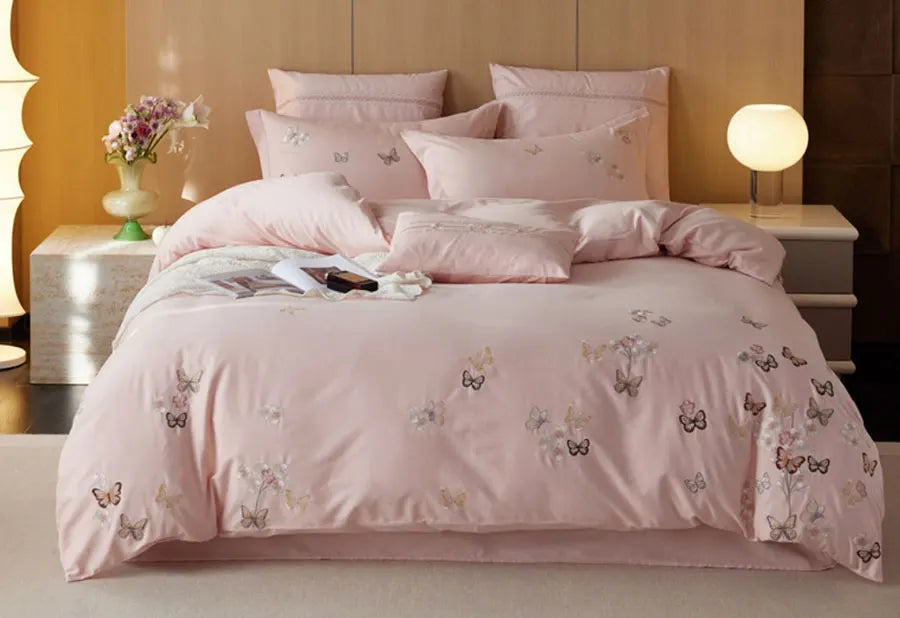 OKLULU  -  Romantic embroidery butterfly flower pink blue bedding set,full queen king cotton home textile bed sheet pillow case duvet cover