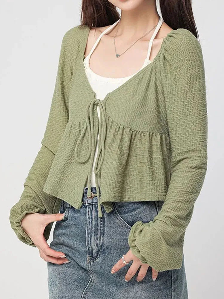 Oklulu Green Two Pieces Set T Shirts Women Solid Color Thin Cardigan Ladies Lace Up Hanging Neck Tank Korean Long Sleeve Ruffle Tops