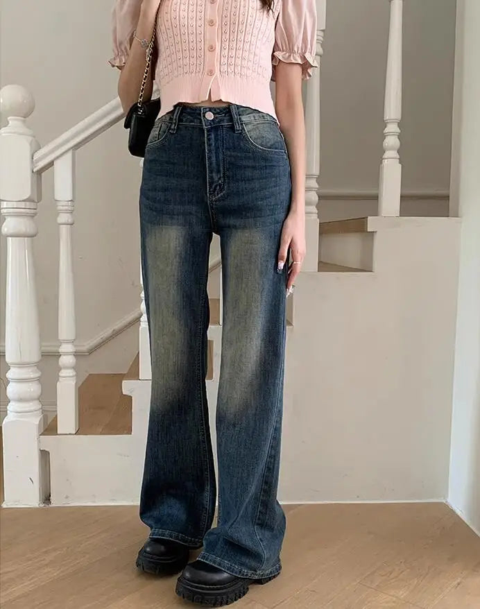 Oklulu  Autumn New Vintage Washed Chic Flare Loose Women Jeans Basic High Waist Slim Fashion Simple Casual Straight Female Jeans