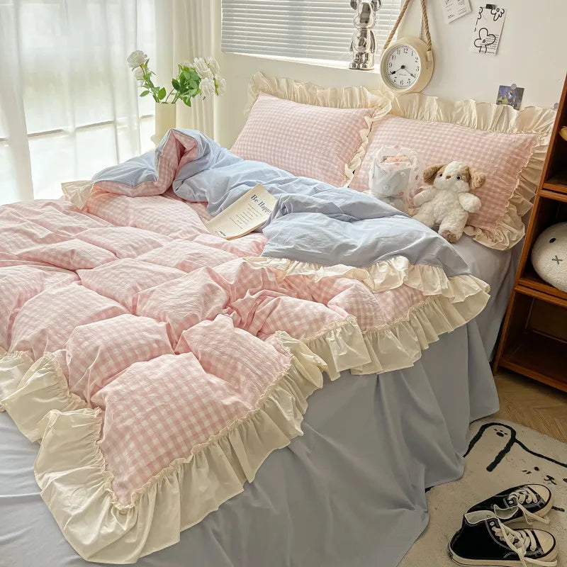 Oklulu Ruffled Pink Blue Duvet Cover Set Twin Queen Washed Microfiber Ultra Soft Bedding set Grid Duvet Cover Bed Sheet 2 Pillowcases