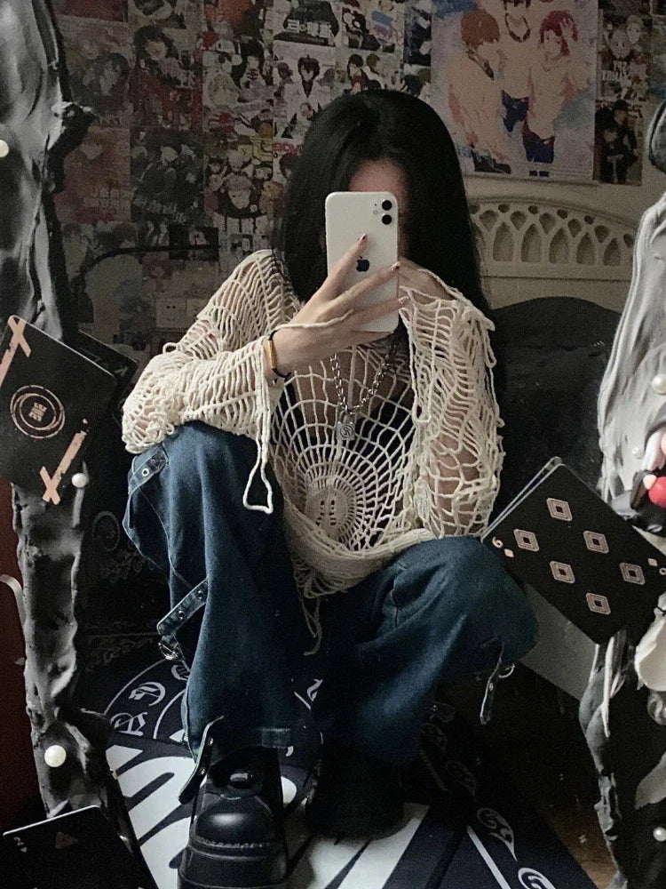 OKLULU  -  Y2k Hollow Out Knit Hoodies Women Spider Web Hole Crochet Top Punk Grunge E-Girl Pullover Streetwear Goth Mesh Clothes