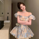 OKLULU  -  French Style Jacquard One Shoulder Puff Sleeve Dress For Women Summer 2024 Fashion Elegant Party Dress A-line Tutu Short Dresses