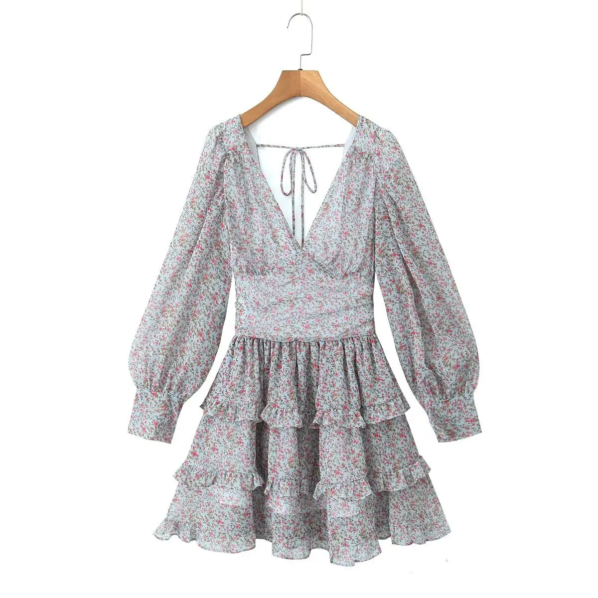 Oklulu   Spring 2024 Women Sexy Backless Floral Print Dress Puff Sleeve V Neck Layered Ruffle Cake Mini Dresses Holiday Party Robe