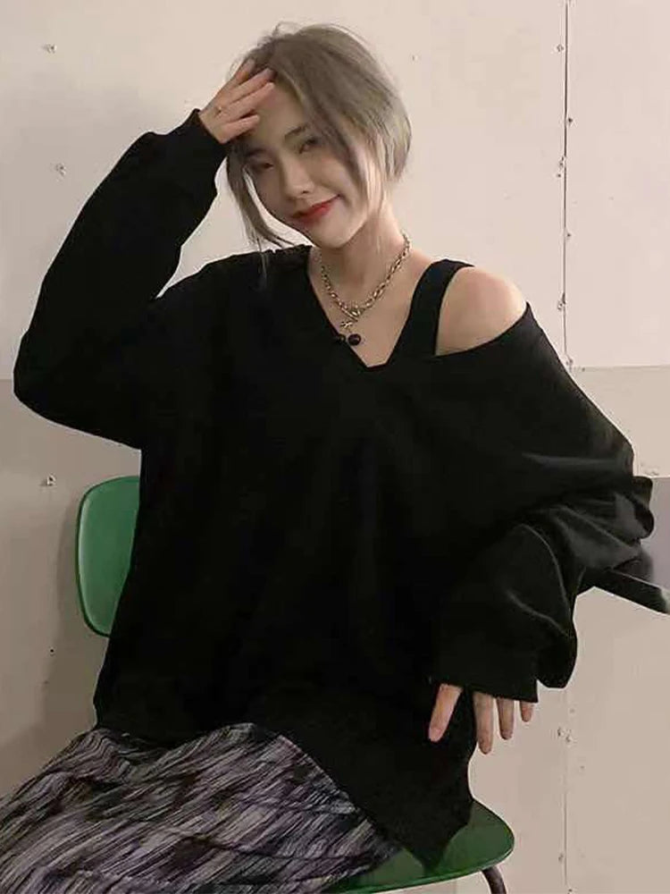 Oklulu Oversized T-Shirts Women Off Shoulder Sexy Top Female Korean Style V Neck Long Sleeve T Shirt Lady Autumn Casual Tees Streetwear