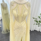 Luxury Crystal Dubai Yellow Evening Dress with Cape Sleeves Lilac Arabic Mermaid Women Wedding Party Gown