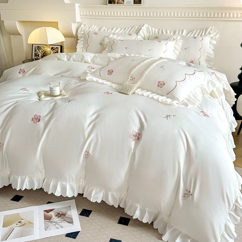 OKLULU  -  Bedding Set Embroidered Bed Linen Set Ruffles Duvet Cover Pillowcase with Bedsheet Smooth Bedclothes for Home