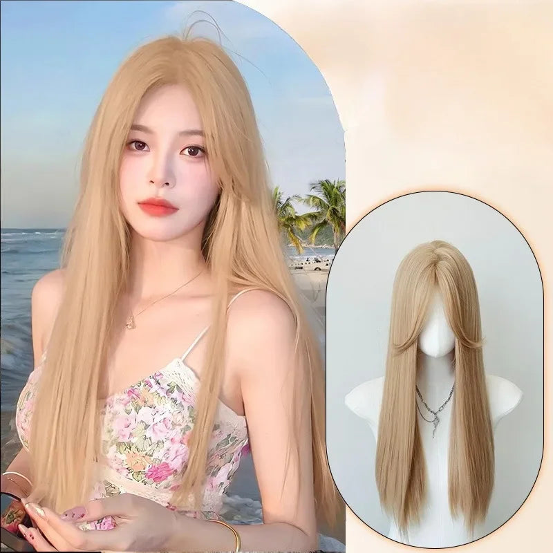 OKLULU  -  Long Silky Straight Synthetic wigs White gold color daily Cosplay Party Lolita Hair Wigs for Women Natural Heat Resistant Wig 가발