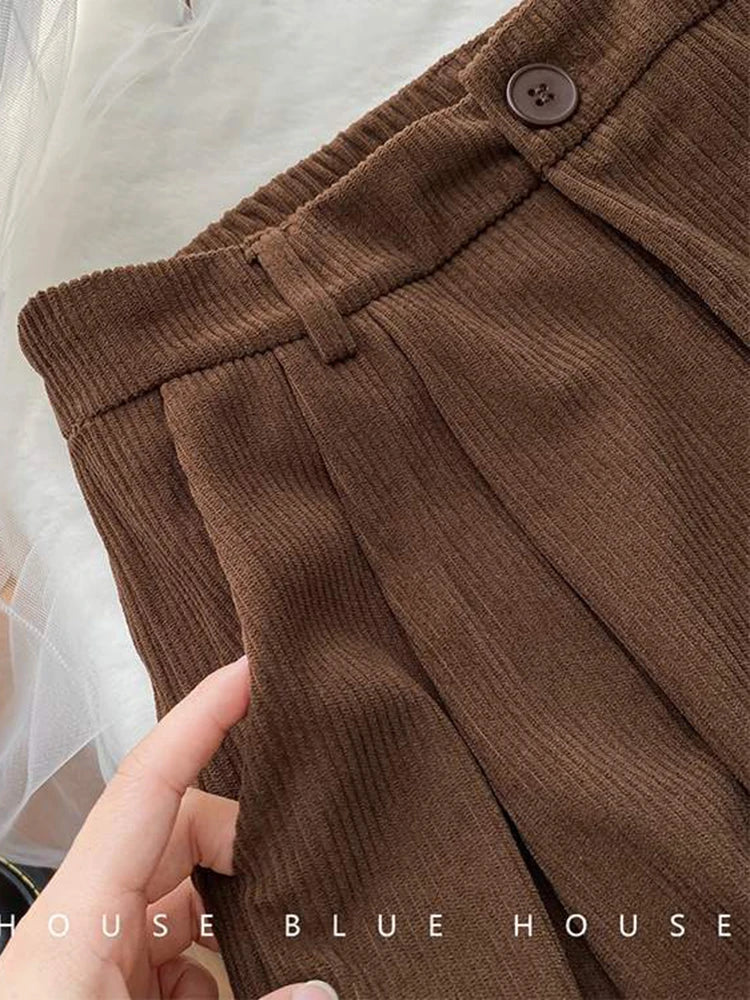 Oklulu High Waist Women Retro Corduroy Pants Fall Straight Causal Full Length Trousers Vintage Coffee Pockets All Match Pants New