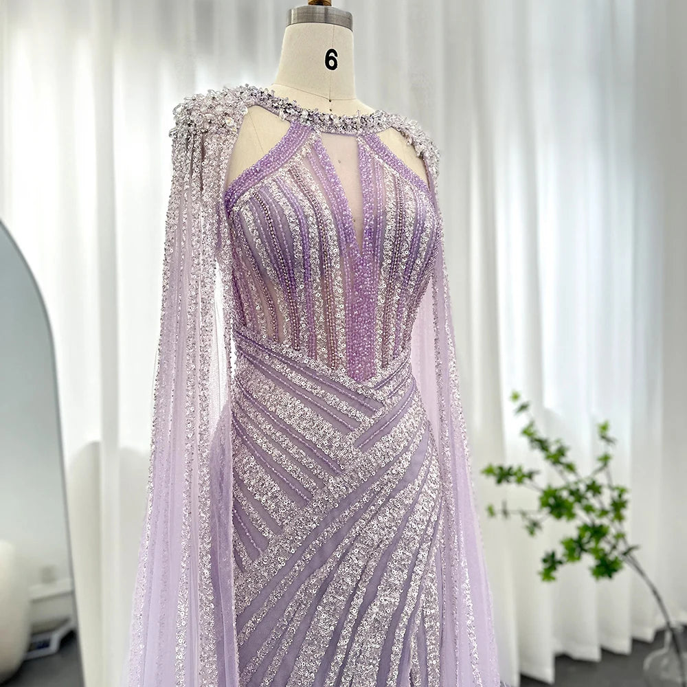 Luxury Crystal Dubai Yellow Evening Dress with Cape Sleeves Lilac Arabic Mermaid Women Wedding Party Gown