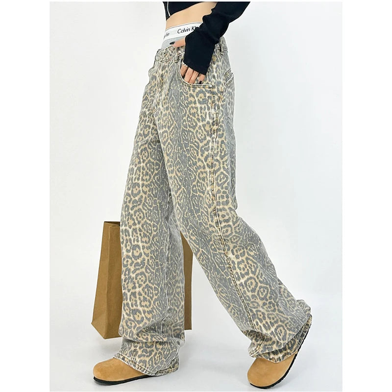 OKLULU  -  American Retro High Street Casual Overalls Leopard Print Loose Wide Leg Pants For Women Y2k Hip-hop Cargo Grunge Baggy Trousers