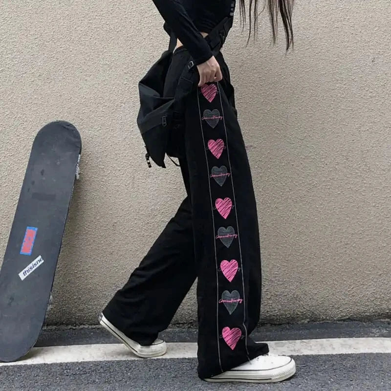 Oklulu Plus Size 6XL  Spring Summer Pants Women Hearted Print Elastic Waist Black Wide Leg Pant Woman Loose Trousers