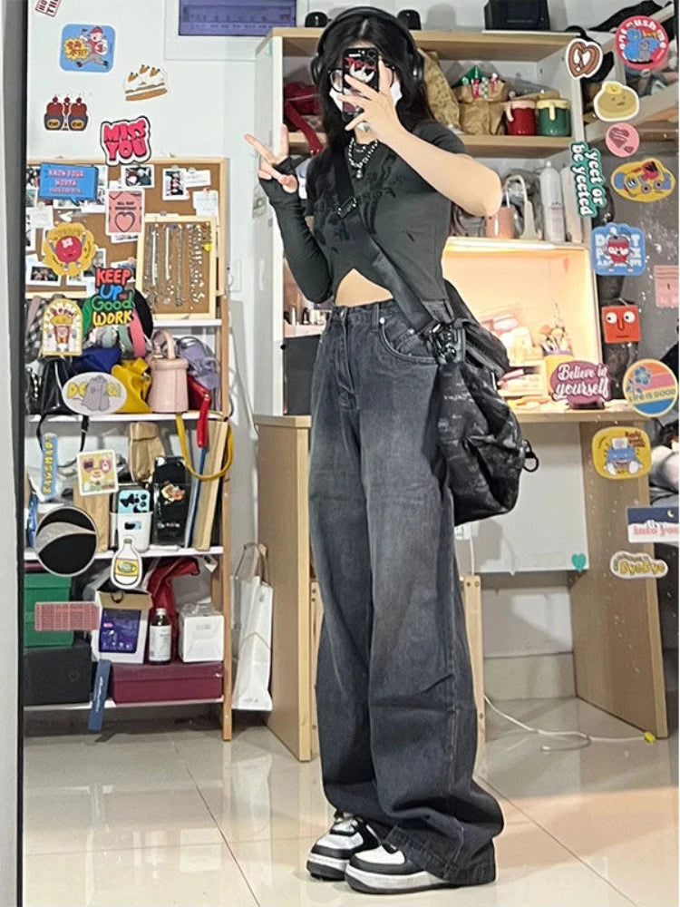 Oklulu  Vintage Black Baggy Jeans Women Korean Street wear Oversize Harajuku High Waist Pants Grunge Y2K Denim Wide Leg Trousers