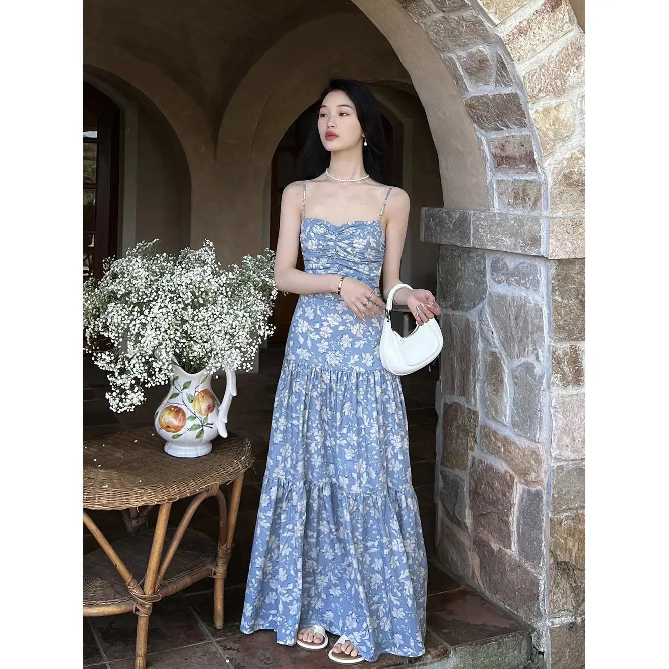 OKLULU  -  Blue Floral Suspender Dress Women's 2024 Summer New Holiday Female French Backless Long ElegAnd Party Korean Fashion Dresses.