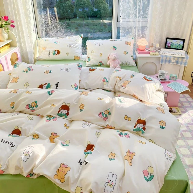 100% Cotton Flower Bedding Set Ins Flora Quilt Cover Bed Flat Fitted Sheet Set For Girls Woman Bedclothes Home Textiles