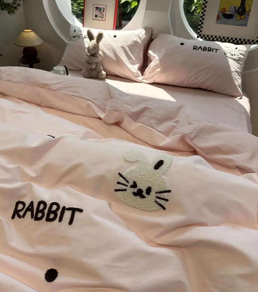 OKLULU  -   Cute Cartoon Embroidery Rabbit Bedding Set Teen,twin Full Queen King Bunny Cotton Home Textile Bed Sheet Pillow Case Quilt Cover