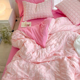 Korean Princess Pink Seersucker Bedding Kawaii Bed Skirt Duvet Cover Solid Color Queen Size Double Sheets Sets For Girls