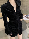 Vintage Velvet Shirt Women Elegant Pleated Blouses Female Chic Slim Long Sleeve Tops Ladies Black Sexy Single Breasted Shirts