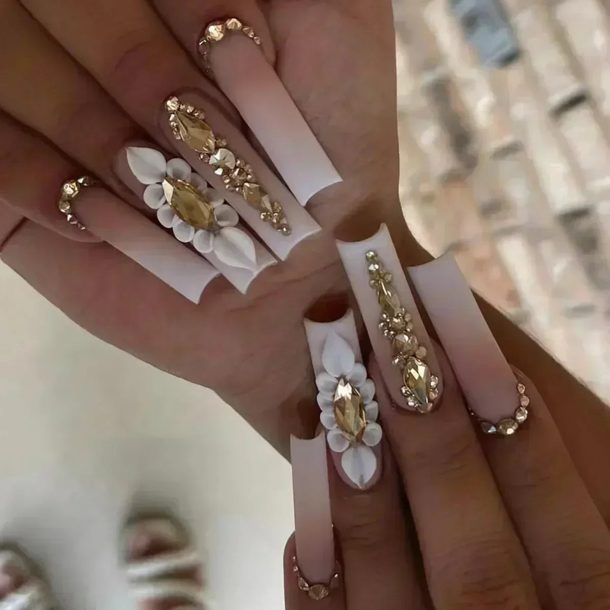 OKLULU  -  24Pcs White French False Nails Long Coffin Flower Butterfly with Rhinestones French Design Wearable Fake Nails Press on Nails