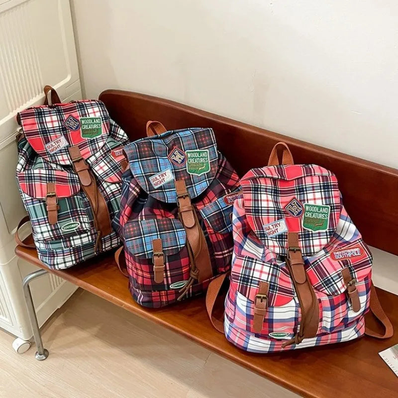 OKLULU  -  Vintage Women Backpacks Large Capacity Aesthetic Plaid Punk Mochilas Para Mujer Casual Students Daily Commute Bag Female