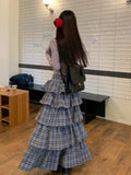 OKLULU  -  Harajuku Tiered Plaid Skirt Pleated High Waist Long Maxi Cake Skirt Mujer Summer Fashion Tshirt Sexy Two Piece Set Women