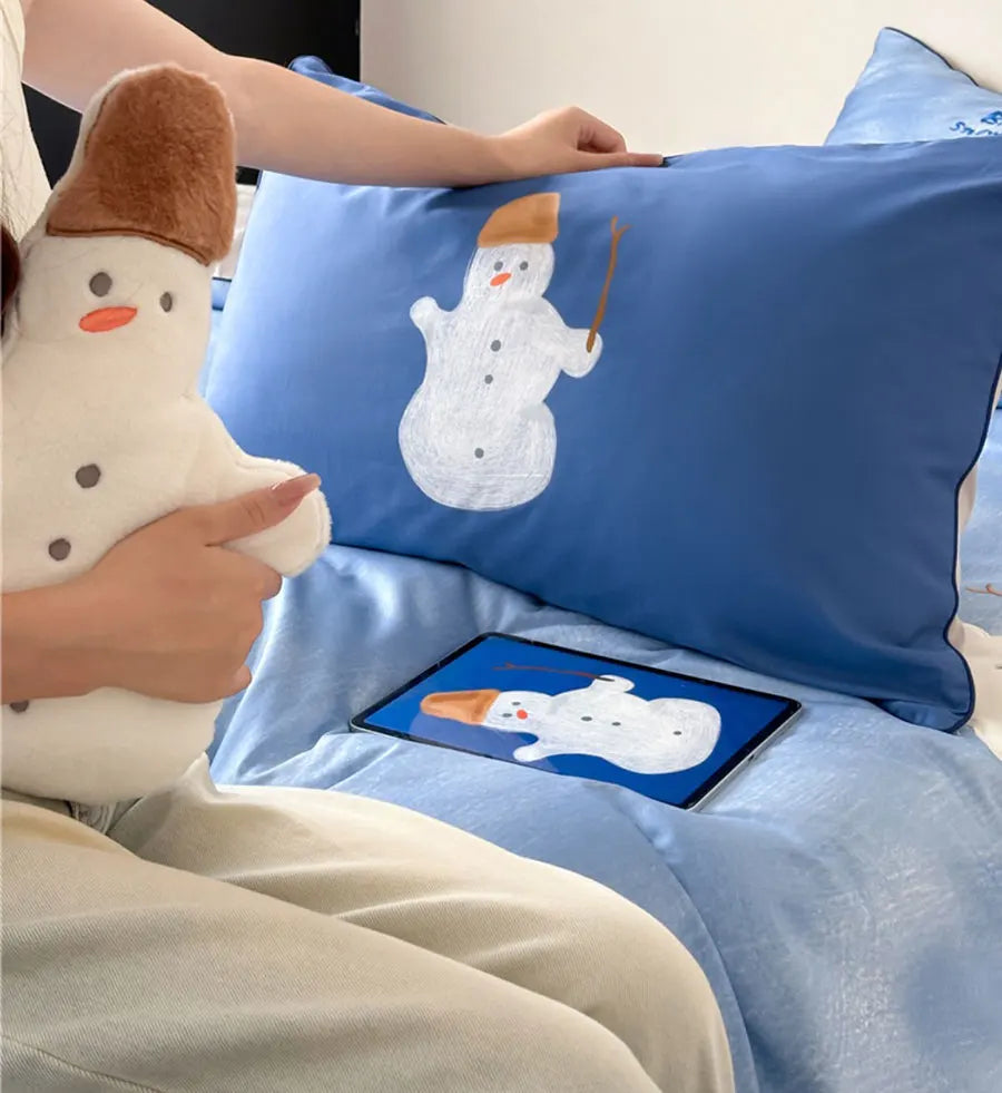 OKLULU  -  Cute cartoon snowman blue bedding set,full queen king lovely kawaii 100s cotton home textile bed sheet pillow case duvet cover