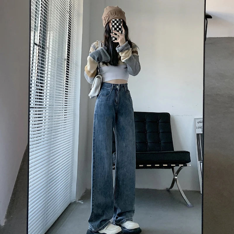 Oklulu  High Waiste Jeans Y2K Fashion Women Clothing Blue Black Straight Leg Denim Pants Trousers Mom Jean Baggy Trousers Tall