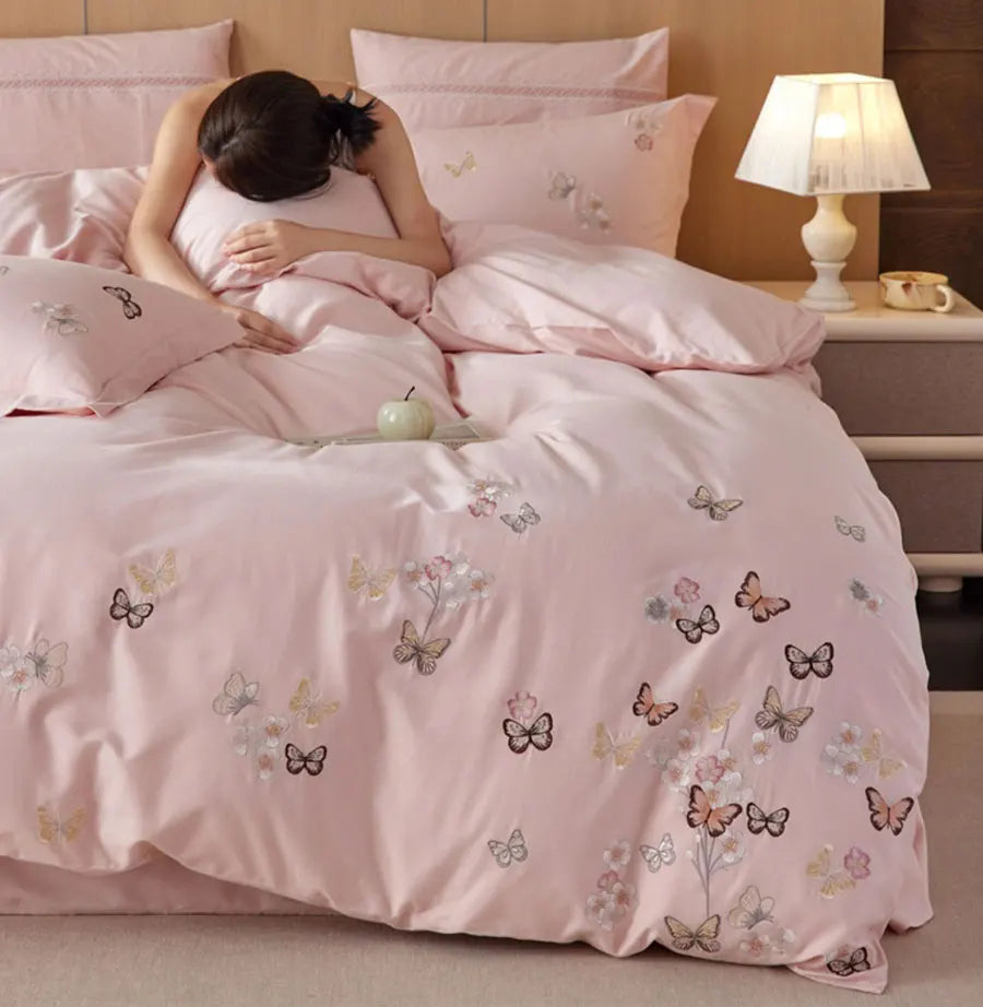 OKLULU  -  Romantic embroidery butterfly flower pink blue bedding set,full queen king cotton home textile bed sheet pillow case duvet cover