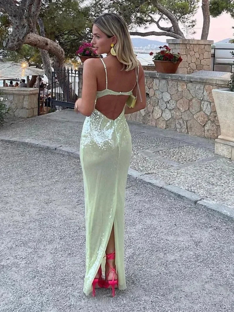 Luxury Sequins Backless High Slit Evening Long Dress Elegant WomenSleeveless High Waist Tunic Bodycon Holiday Party Dresses