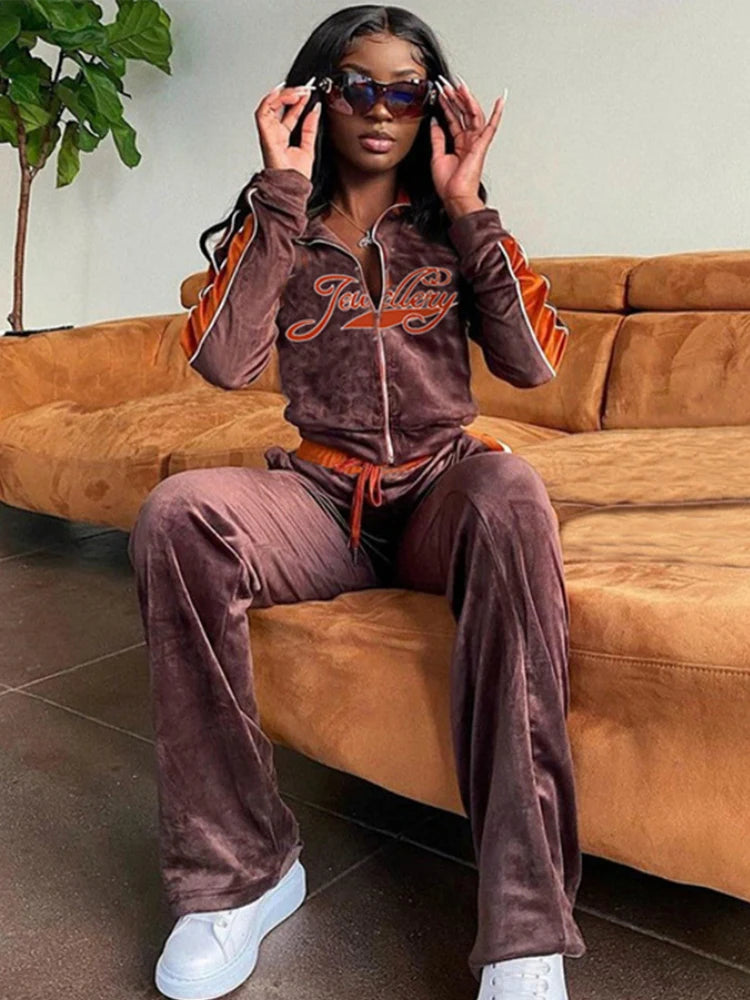 Oklulu Letter Print Velvet Tracksuit Set Women Fashion Streetwear Outfits Female Zipper Sport Clothes Straight Tracksuit Casual